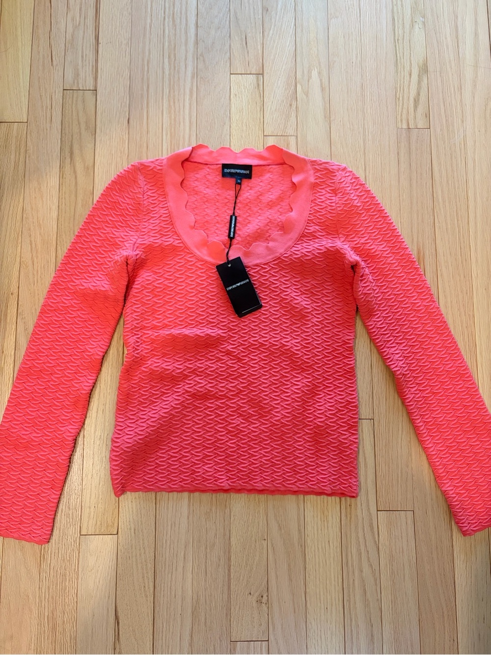 Emporio Armani Coral Textured Scallop V-Neck Long Sleeve Top